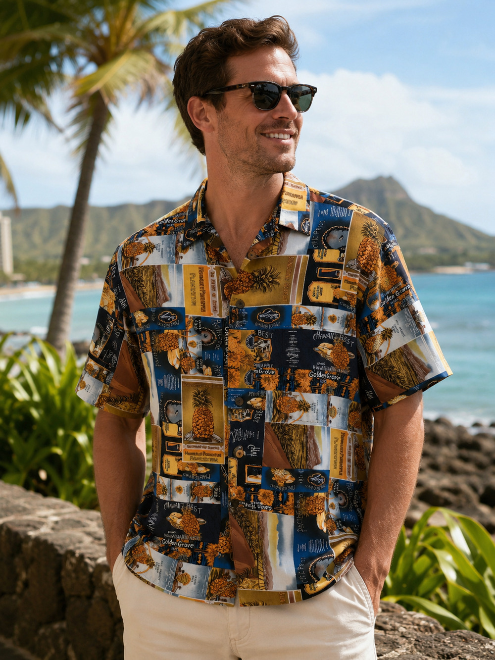 Vintage Robert Stock Hawaiian Camp Shirt Men's M Pineapple Motif Postcard Print